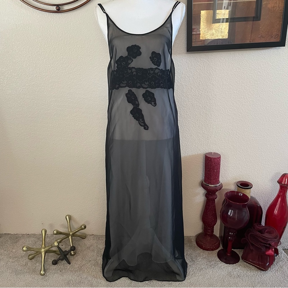 🔥RARE🔥Elegant Chiffon Layer Black Vintage Long Maxi Nightgown Slip Dress Chemise